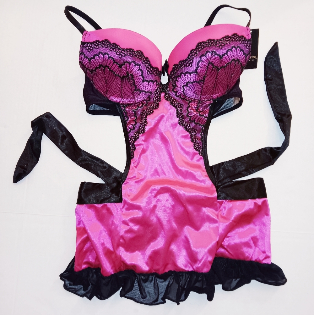Passion Forever Pink Black Pushup Padded Lace Nightie Babydoll Lingerie